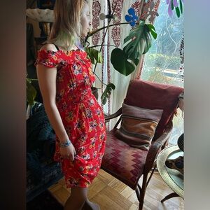 Anthropologie "52 Conversations" floral print red midi dress/ size 2